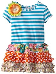 Girls Striped Print Dots Print Long Sleeves Velvet Ruched Tiered  Dress