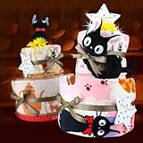 【おむつケーキ】魔女の宅急便のクロネコ“ジジ”の選べるおもちゃ　２段オムツケーキ！おすましジジ　パンパースＭサイズ 大きいタオル(バスタオル フェイスタオル)