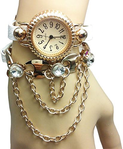 Soulvin Women Fashion Rivet Charm Cross Wrist Watch Rhinestones PU Belt Bracelet Watch White