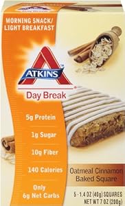 Atkins Day Break Oatmeal Cinnamon Baked Square Morning Snack Bar, 1.4 oz Bars, 5 Count