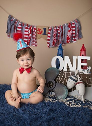 Boys First Birthday Cake Smash Outfit in Turquoise Sailor Print and Red and White Polka Dot Bowtie