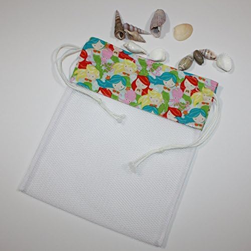 Mermaids Sea Shell Collecting Bags, Sea Shell Collecting Bag, Mermaid Fabric and White Mesh, Drawstring Beach Bags, Shelling Bag, SeaShell Totes