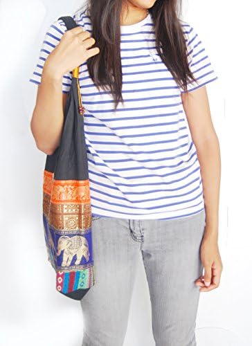 Hippie Hobo Sling Crossbody Bag Purse Traditional Thai Handmade elephant sewing (Blue)