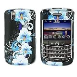 Black with Blue Hawaiian Flower Snap on Hard Skin Cover Case for Blackberry Tour 9630 + Belt Clip