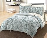 Floral Vine Aqua White Cotton Sateen Comforter and Sham Set