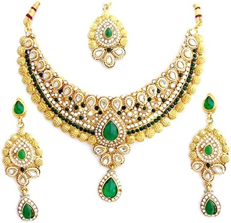 Bollywood Designer Ethinic Indian Premium Stone Polki Kundan Bridal Necklace Set - Green