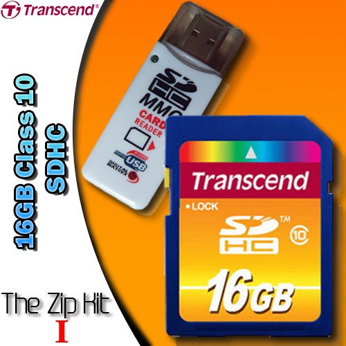 TheZipKit I for Transcend 16GB Class 10 SDHC Card (TS16GSDHC10) Includes: 16GB SDHC Class 10 Flash Card and USB 2.0 Card Reader/Writer.