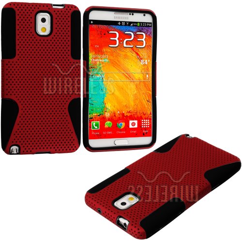 myLife (TM) Black + Dark Red Flexi Grip (2 Piece Mesh Armorsuit) Tough Jacket Case for the Samsung Galaxy Note 3 (4G) Smartphone (Fits Models: N9000, N9002 and N9005) (External Mesh Fitted Hardshell Protector + Internal Solft Silicone Flexible Easy Grip Bumper Gel)