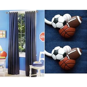 Set of 2 Tab Top Denim Curtains and 2 Sports Ball Holdbacks- Panels 84 L Blue Jean Fabric
