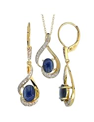 14k Gold Dangle Earrings (19mm tall) & 18 in. Pendant-Necklace Set, w/ 0.20 Carat Brilliant Cut Diamonds & 3.64 Carats Oval Cut (7x5mm) Blue Sapphire Stones