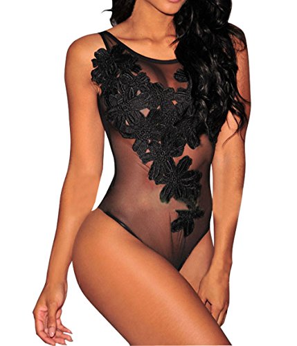 Tiksawon Women Sexy Floral Sheer Lace Sleeveless Bodysuit Clubwear