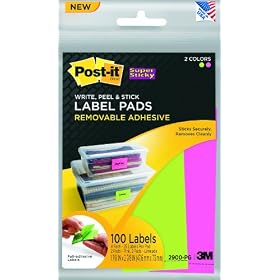 Post-it(R) Super Sticky Removable Label Pads, 1.8 x 2.8 Inches Pink, Green, 4 Pads for a total of 100 Labels per pack (2900-PG)