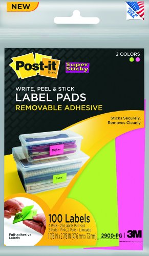 Post-it® Super Sticky Removable Label Pads, 1.8 x 2.8 Inches, Pink/Green, 100 Labels per pack (4 Pads) (2900-PG)