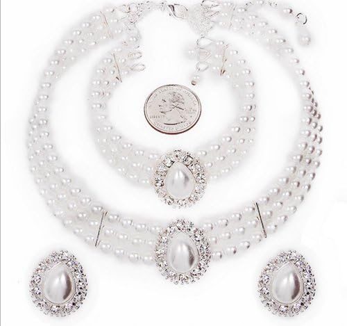 Entire Look White Pearl Bridal Necklace Set, CLIP ON Earring, Bracelet CG3