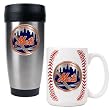 New York Mets Stainless Steel Travel Tumbler & Gameball Ceramic Mug Set - Primary Logo MLB Baseball