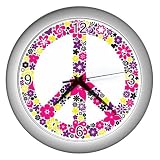 Silver Wall Clock of Flowered Peace Symbol with Pink Purple and Yellow