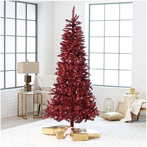 Burgundy 7.5' Artificial PVC Slim Christmas Tree Clear Pre-Lighted Holiday Decor