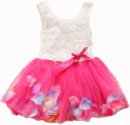 Metee Dresses Kids Girls Princess Rose Garden Flower Petal Lace Ruffled Tulle Skirts Dresses(XS(Advice 0.5-1 Years), Rose)
