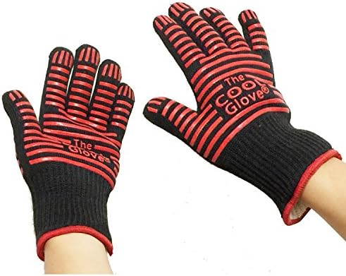 ekSel COOL Oven Baking Cooking Grill BBQ &amp; Camping Gloves Use as Mitts Heat Resistant Black with Super Grip Red Silicone Medium Size Flexible 2 Pack (1 Pair)