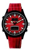 POLICE Mission gents black IP case with ANI - DIGI dial with red leather strap watch