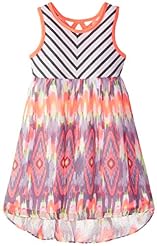 Girls High-Low-Hem Striped Print Sleeveless Empire   Waistline Polyester/Rayon/Spandex  Dress