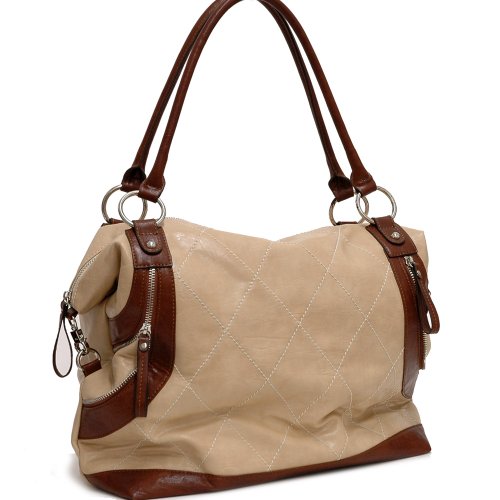 Designer Inspired Stitched grid front shoulder Handbag - Beige