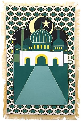 Imported Green Ortopedic Prayer Rug with Holy Mosque and Mihrab - Authentic Prayer Rugs (Green)