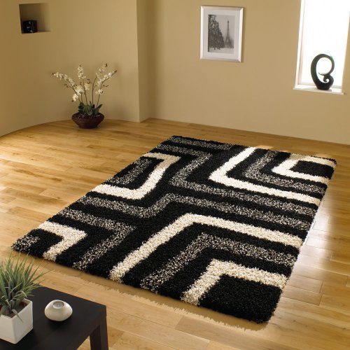 Large Quality Shaggy Rug in Black & Grey 120 x 160 cm (4' x 5'3