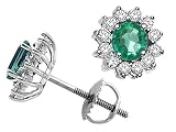 1.20 cts Genuine Emerald and Diamonds Screw Back Earrings Studs - 14kt White or Yellow Gold