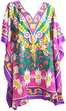 Annie's Fashion Women's Indian V-neck Multicolored Print Caftan Short Dress (PURPLE)