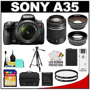 Sony Alpha SLT-A35 Translucent Mirror Technology Digital SLR Camera Body & 18-55mm Lens with DT 55-200mm Lens + 16GB Card + Battery + Tripod + 2x Telephoto & .45x Wide-Angle Lenses + 2 Filters + Accessory Kit
