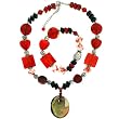 Murano Glass Bead Necklace Bracelet Set Stylish Red Gold Oval Reversible Pendant By Bucasi