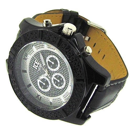 Men's Wrist Watch - Heavy Hip Hop Bling - Black Iced Out - with Leather Strap