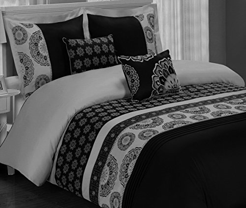 Bohemian Boho Bedding Black Grey Gray Embroidered Mandala Medallion Pattern 100 Cotton Luxury 5 Piece Zipper Duvet Cover and Pillows Pillowcase Set Double Full Queen Size