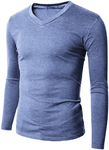 Doublju Mens V-Neck T-shirts with Long Sleeve SKY (US-L)
