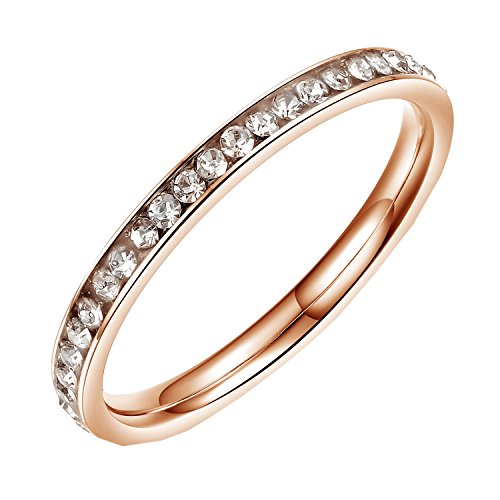 PMTIER Women's 2MM Micro Pave Cubic Zirconia Thin Rose Gold Enternity Wedding Ring Size 6