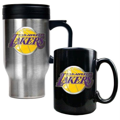 NBA Los Angeles Lakers Stainless Steel Travel Mug & Black Ceramic Mug Set - Primary Logo