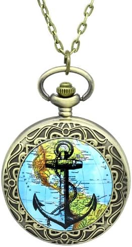 Vintage Style Antique Goldtone MAP and ANCHOR Pendant Pocket Watch Necklace