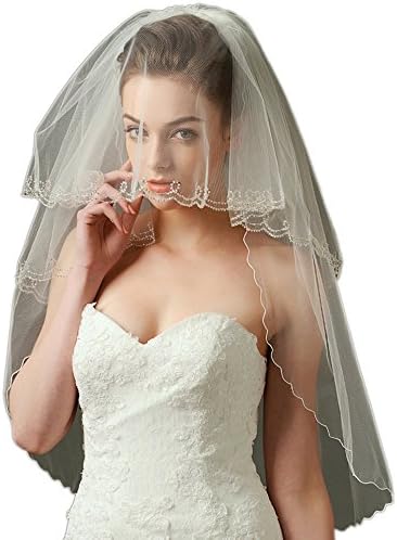 3 Tiers Beaded Swirl Edge Tulle Elbow Length Wedding Veil 33" Long Ivory