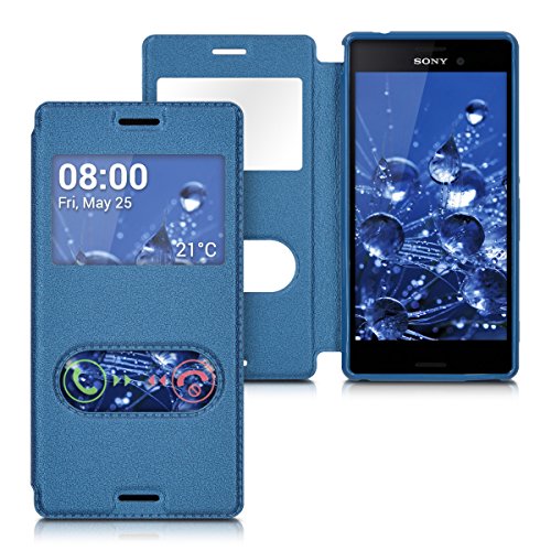 kwmobile flip case cover for Sony Xperia M4 Aqua foldable protective case made of imitation leather with viewing window in dark blue