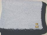 Knitted on Hand Knitting Machine Blue Cotton Hand Crochet Finished with Navy Rayon Chenille Infant Boys Large Blanket Size 32 By 45 Inches Trimmed with Teddy Bear Patch