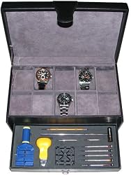 Leather Watch Display Storage Box Chest Case For 10 Watches with Built-in Repair Band Link Sizing Toolkit