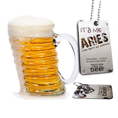 First Mate Aries 1 Mouth Blown Glass Beer Mug 1 Pint (17 Oz) 1 Metallic Graphic Dog Tag 1 Metallic Graphic Key Chain Matching Macho for Him Gift Pack - All 12 Zodiacs By Hot Muggs