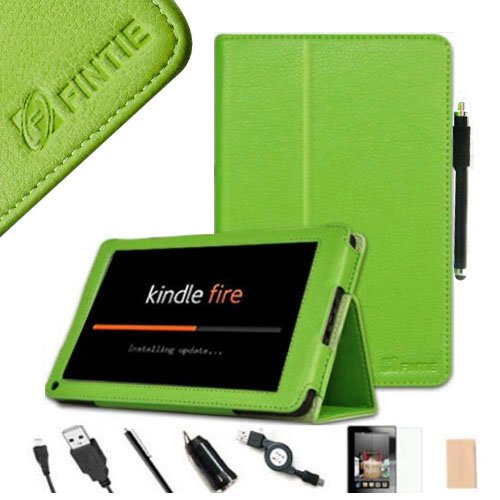 FINTIE(TM) Green PU Leather Folio Case Cover Value Package with Free Screen Protector/Stylus/USB cable/Car charger for Amazon Kindle Fire 7 Tablet