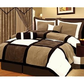 King Patchwork Microsuede Beige Brown Ivory 7pc Comforter Set