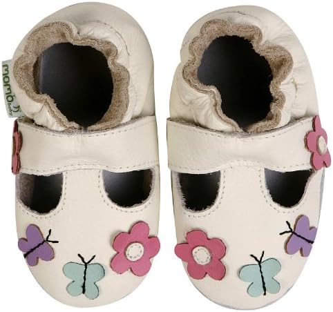 Momo Baby Infant/Toddler Daisy &amp; Butterfly T-Strap White Soft Sole Leather Shoes - 6-12 Months/3-4 M US Toddler