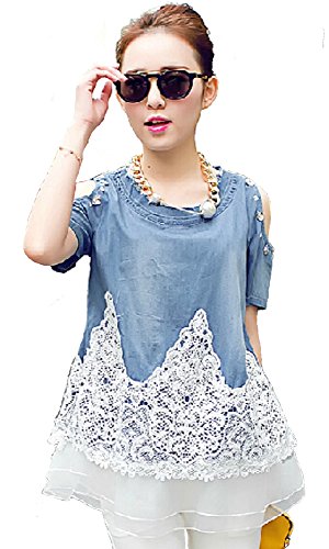 カットアウェイチュニック デニムシャツ トップス カットソー レディースファッション 春夏物 レース切替 シフォンレース ラウンドネック ラインストーン 綿 スリム デート アウトドア レジャー 普段着 大人カジュアル シンプル ガーリー フェミニン キュート 通勤 通学 大きいサイズ オリジナルアクセサリー付属 lpsa1000112