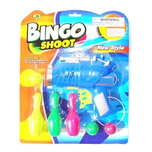 Kids Plastic Gun Ball Shooter with Bowling Pins Target Set in Blue Green or Orange