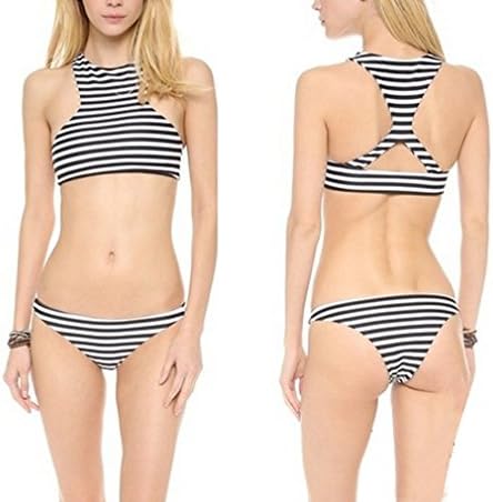 KUBI Bikini High Neck Cross Back Top Striped Bottom Bathing Swim Suit (Small (US 0))