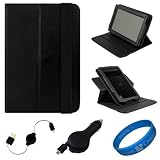 SumacLife Black Textured Leather Folio Case Cover with Fold to Stand Feature for Amazon Kindle Fire Tablet (Android 7 inch Tablet) + Black Retractable Micro USB Car Charger + Black Retractable Micro USB Sync Data Cable + SumacLife TM Wisdom Courage Wristband